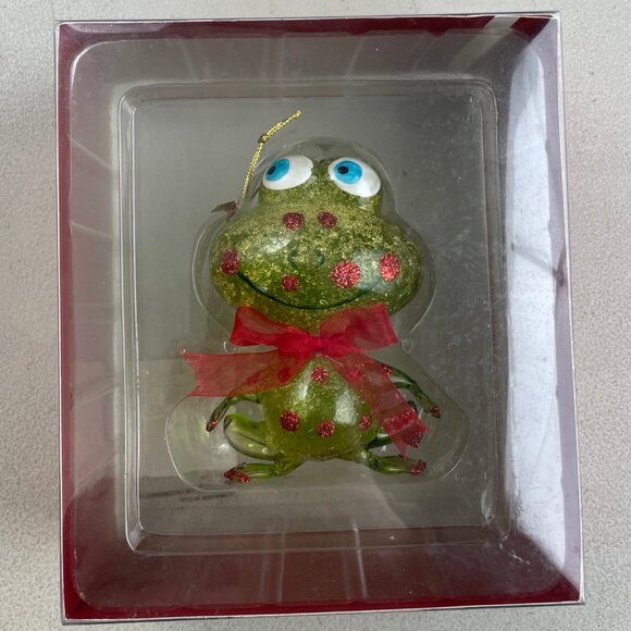 Glass Polka Dot Frog Ornament NIB Holiday Christmas Green/Red Glitter Amphibian - Picture 5 of 5